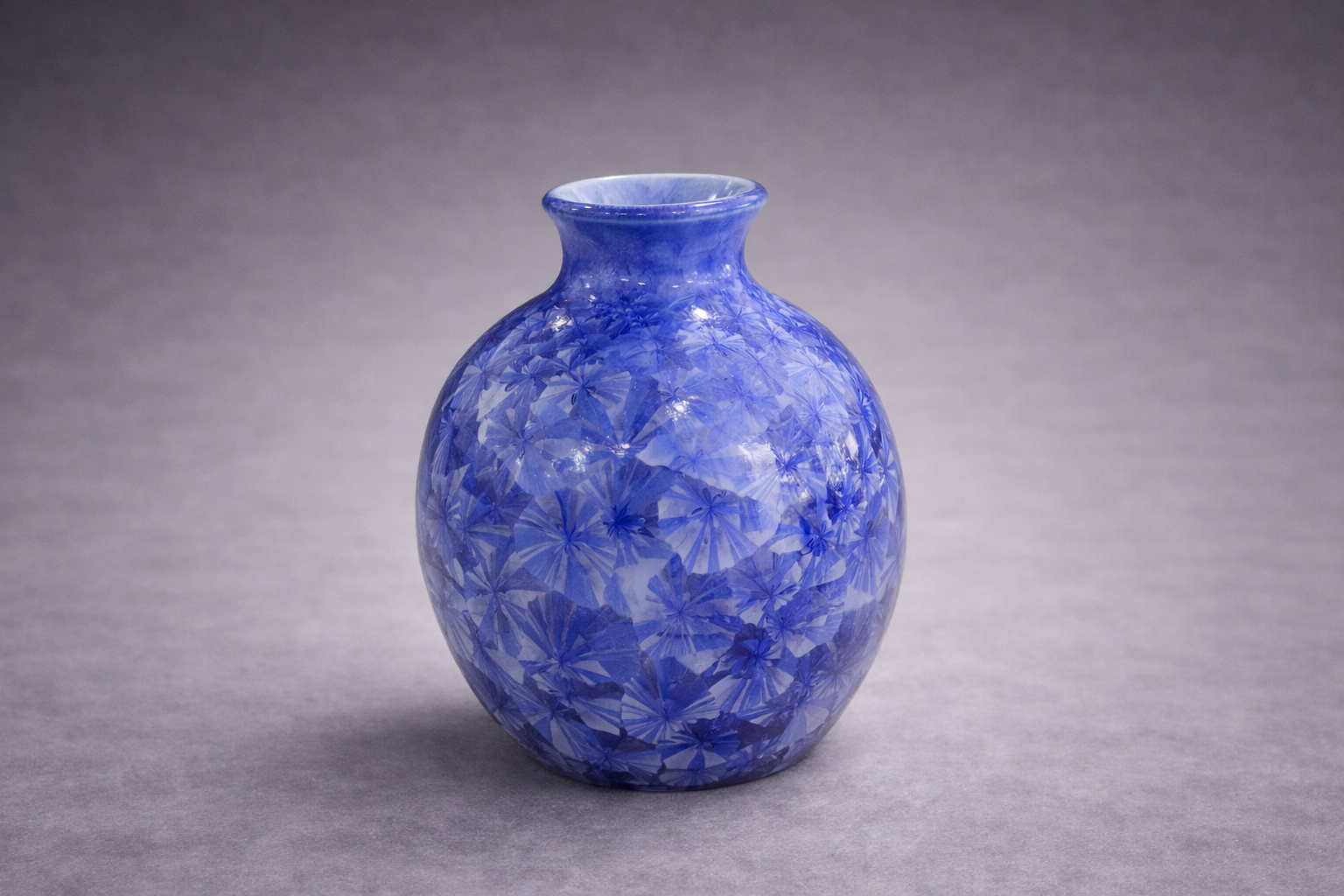 Blue crystalline ceramic vase, glossy crystal pattern glaze, Buxton Pottery Melbourne