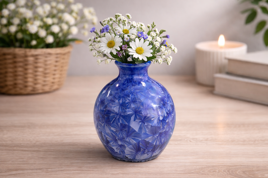 Handmade blue crystalline bud vase, ceramic glaze detail, Buxton Pottery Melbourne Australia