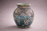 Side view of handmade galaxy glaze ceramic vase with blue and grey crystalline pattern, Melbourne studio pottery