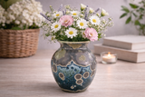 Handmade ceramic galaxy glaze vase with a small bunch of flowers, Australian pottery made in Melbourne.