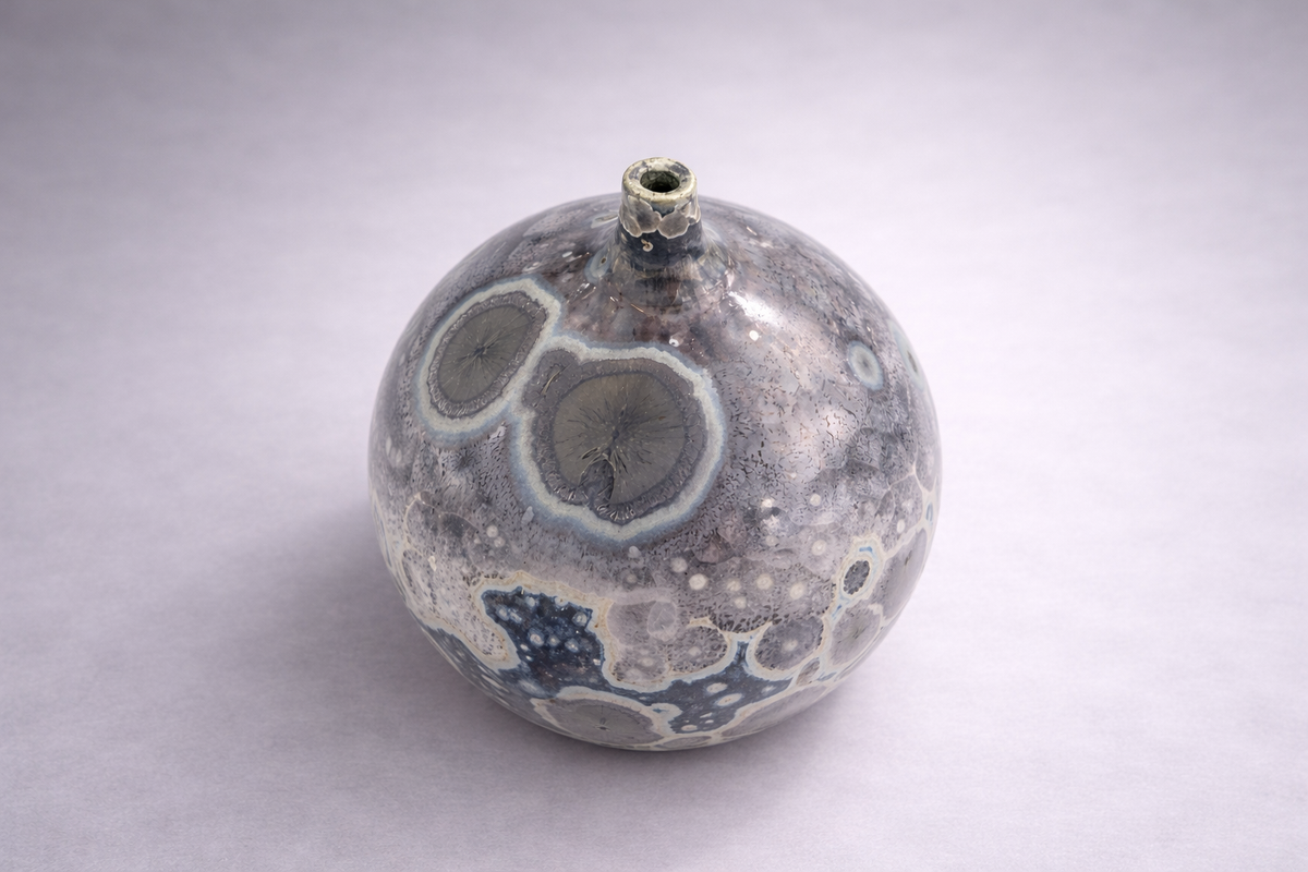 Decorative night-sky ceramic vase with storm-toned crystalline glaze
