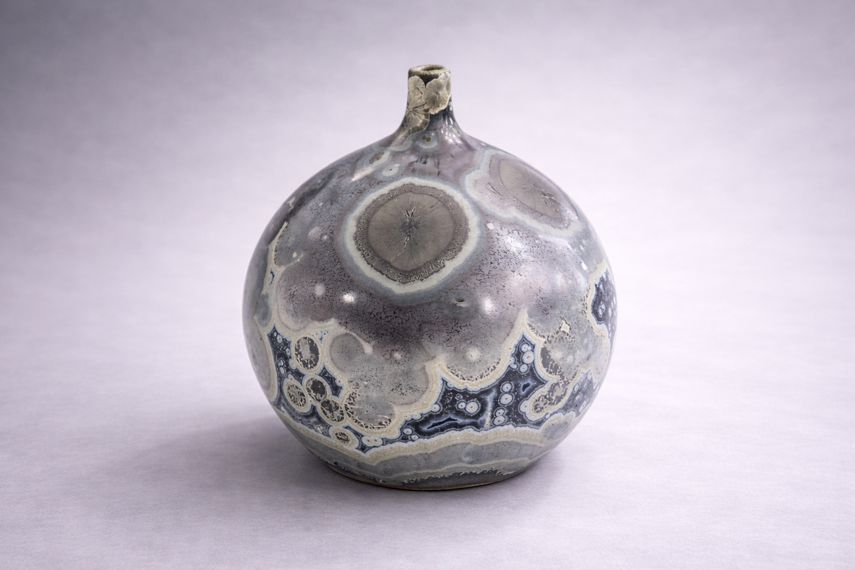 Small decorative ceramic vase 13cm tall blue grey crystalline glaze