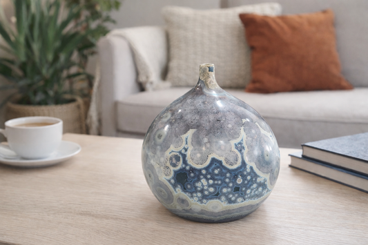 Handmade crystalline galaxy glaze vase in smoky grey and deep blue tones, decorative ceramic vase 13cm tall, Melbourne Australia