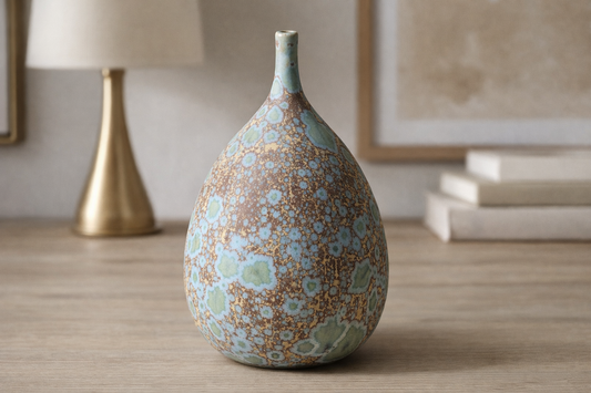 Handmade matte crystalline glaze decorative vase with blue and green galaxy pattern
