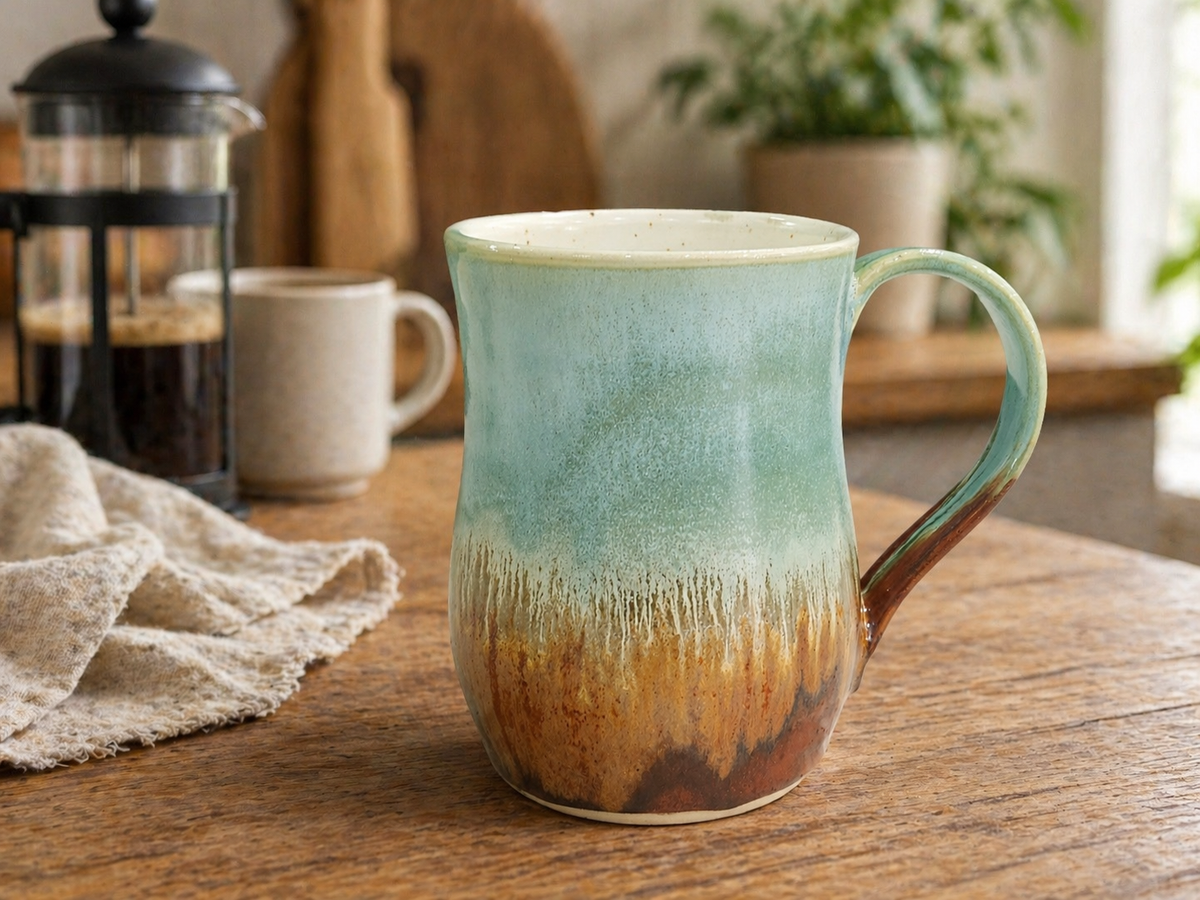 Handmade pottery mug in a coffee lifestyle setting on a timber bench
