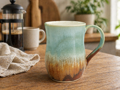Handmade pottery mug in a coffee lifestyle setting on a timber bench
