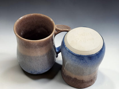 Large 500ml wheel-thrown stoneware coffee mug in layered blue and oatmeal glaze