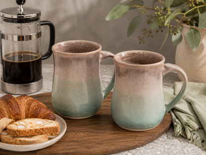 Handmade ceramic mugs in oatmeal, brown and blue glaze – 500ml Australian pottery