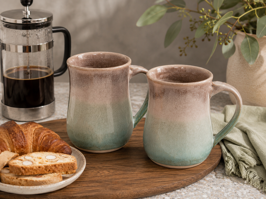 Handmade ceramic mugs in oatmeal, brown and blue glaze – 500ml Australian pottery