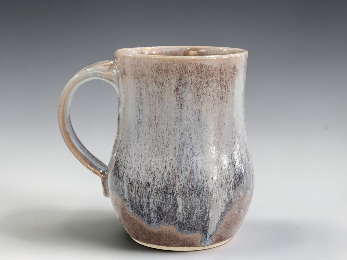 Front view of tall 500ml brown and blue-grey ceramic coffee mug