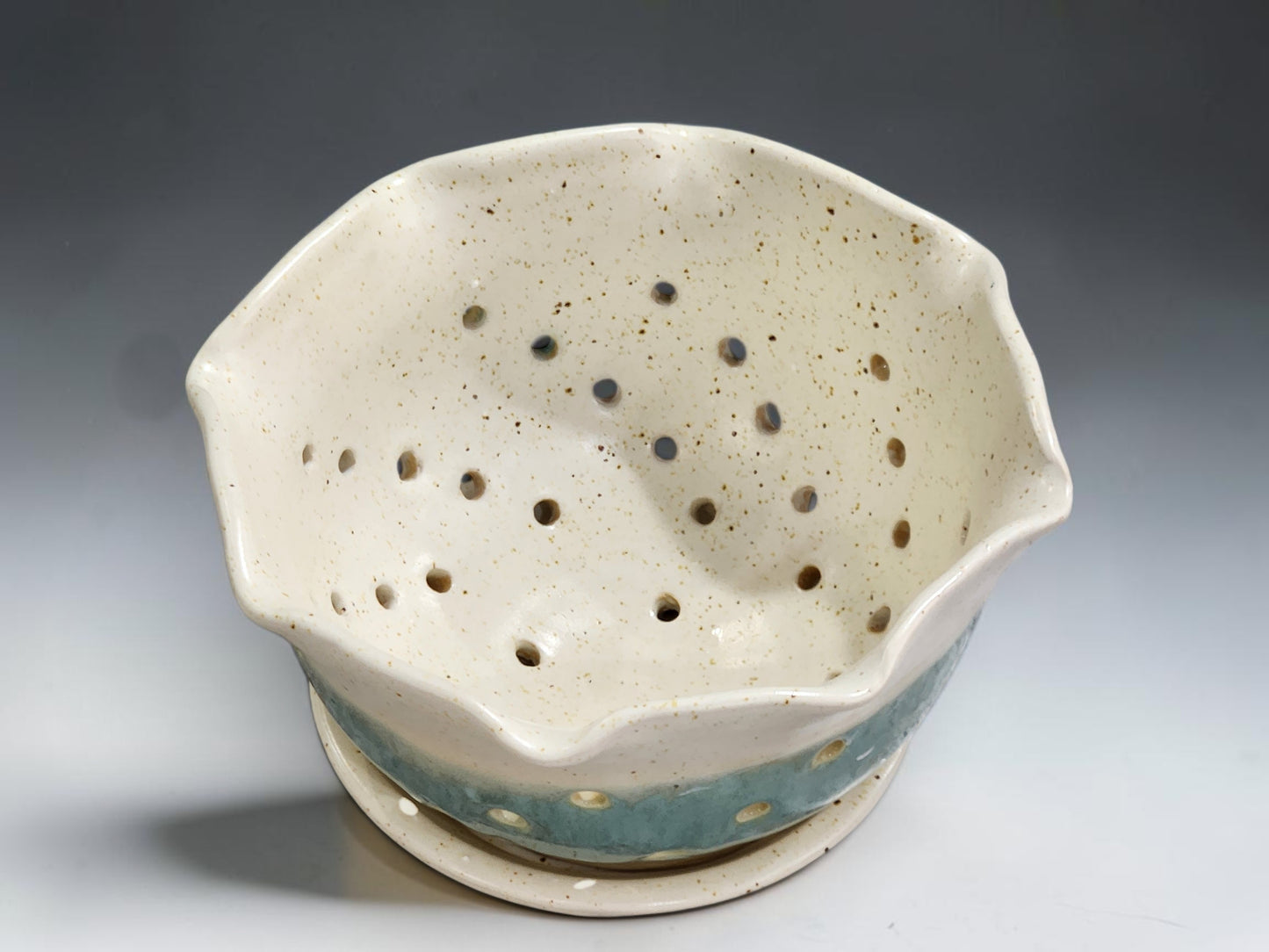 Handmade colander bowl with saucer for washing and serving berries, cream and aqua ceramic