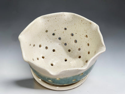 Handmade colander bowl with saucer for washing and serving berries, cream and aqua ceramic