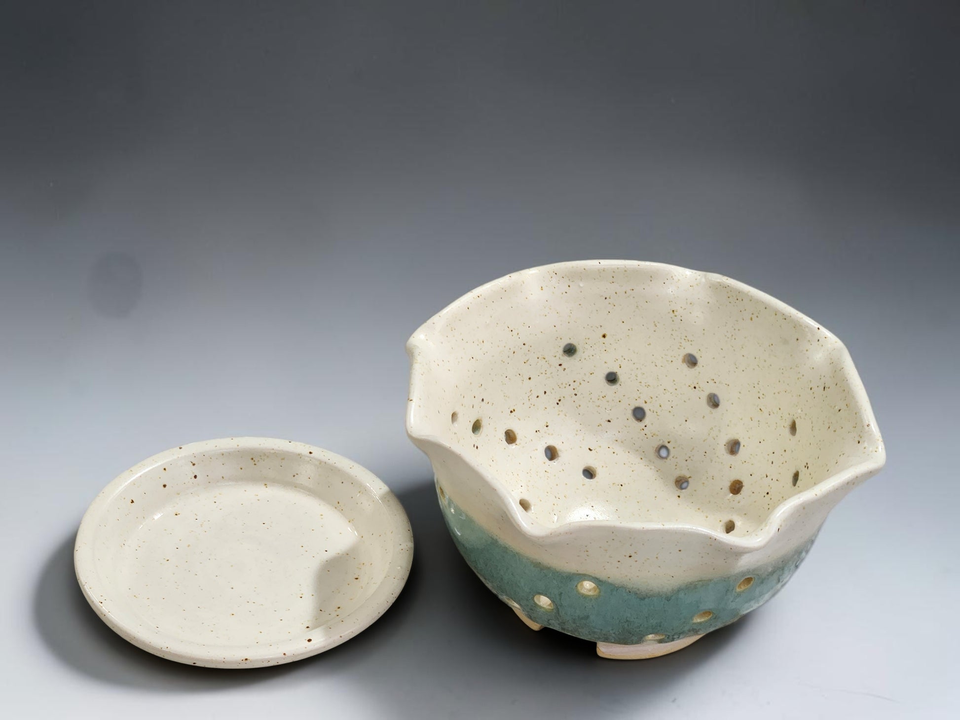 Cream and aqua handmade ceramic berry bowl with matching saucer for strawberries or grapes