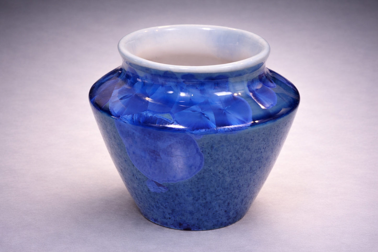 One-of-a-kind blue pottery vase with crystalline glaze detail
