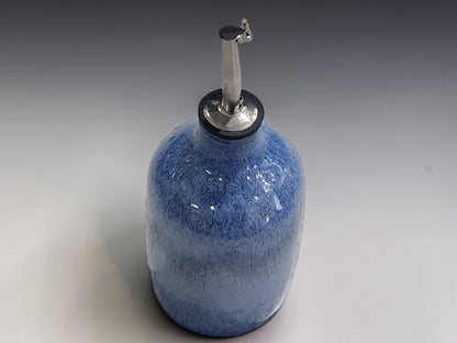 Blue pottery oil bottle with stainless steel pourer, handmade ceramic kitchenware Melbourne