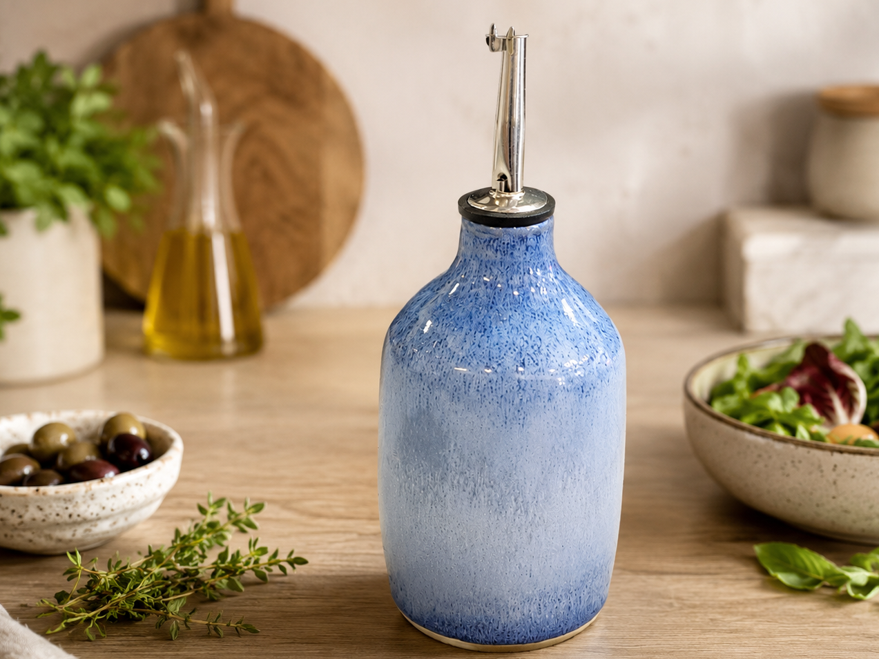 Handmade ceramic oil bottle hero image in blue glaze, 350ml olive oil cruet, Melbourne pottery