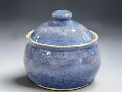 Handmade ceramic sugar bowl with lid in blue glaze, crafted by Buxton Pottery in Melbourne Australia