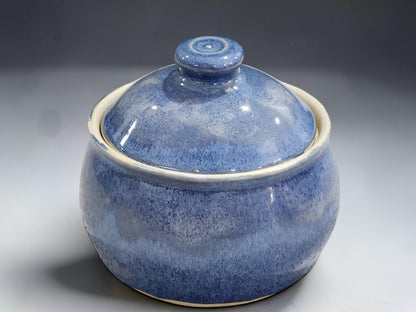Blue pottery sugar bowl with fitted ceramic lid, handmade in Melbourne pottery studio