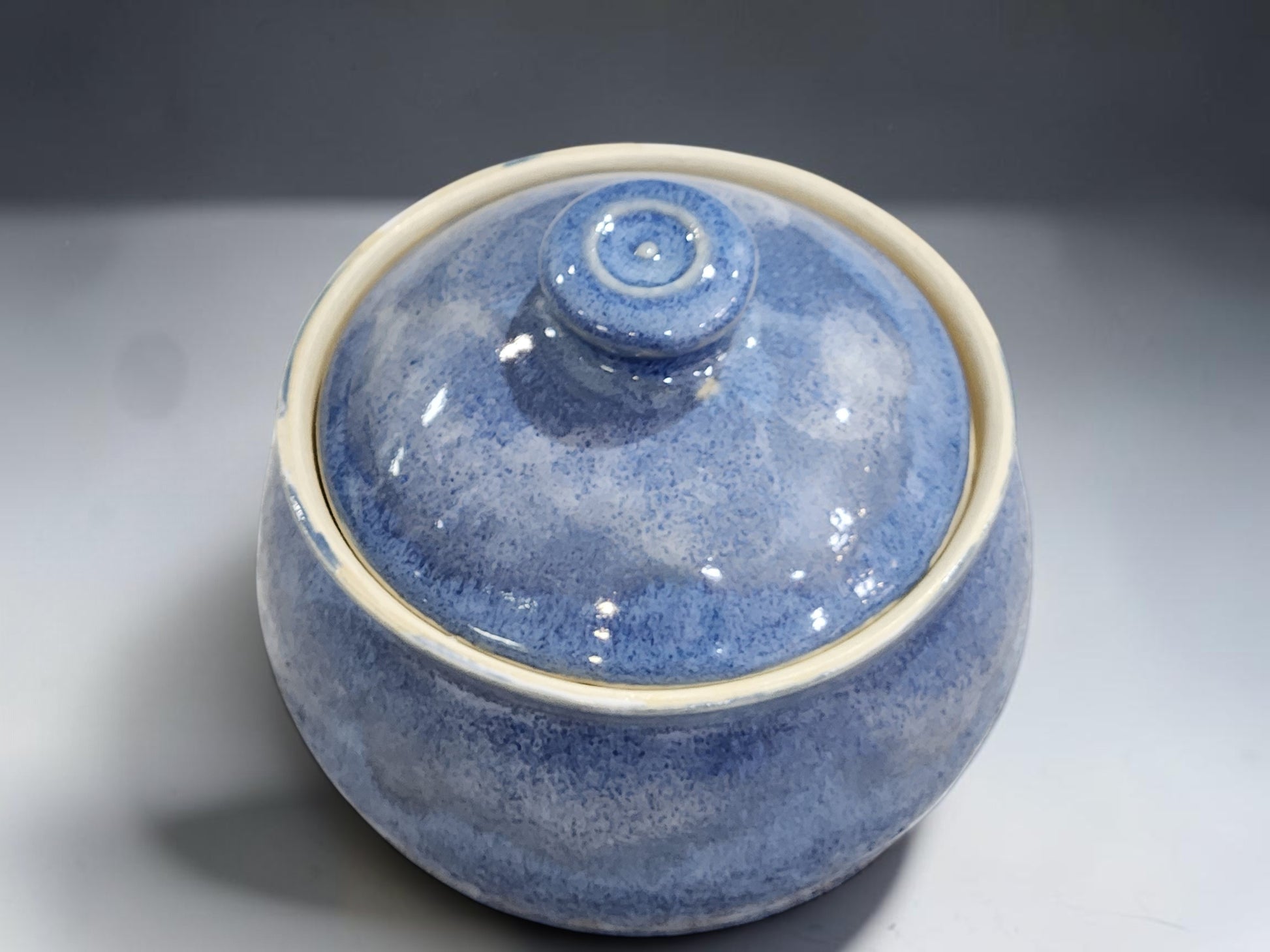 Handmade stoneware sugar bowl in glossy blue glaze for tea, coffee and kitchen bench styling