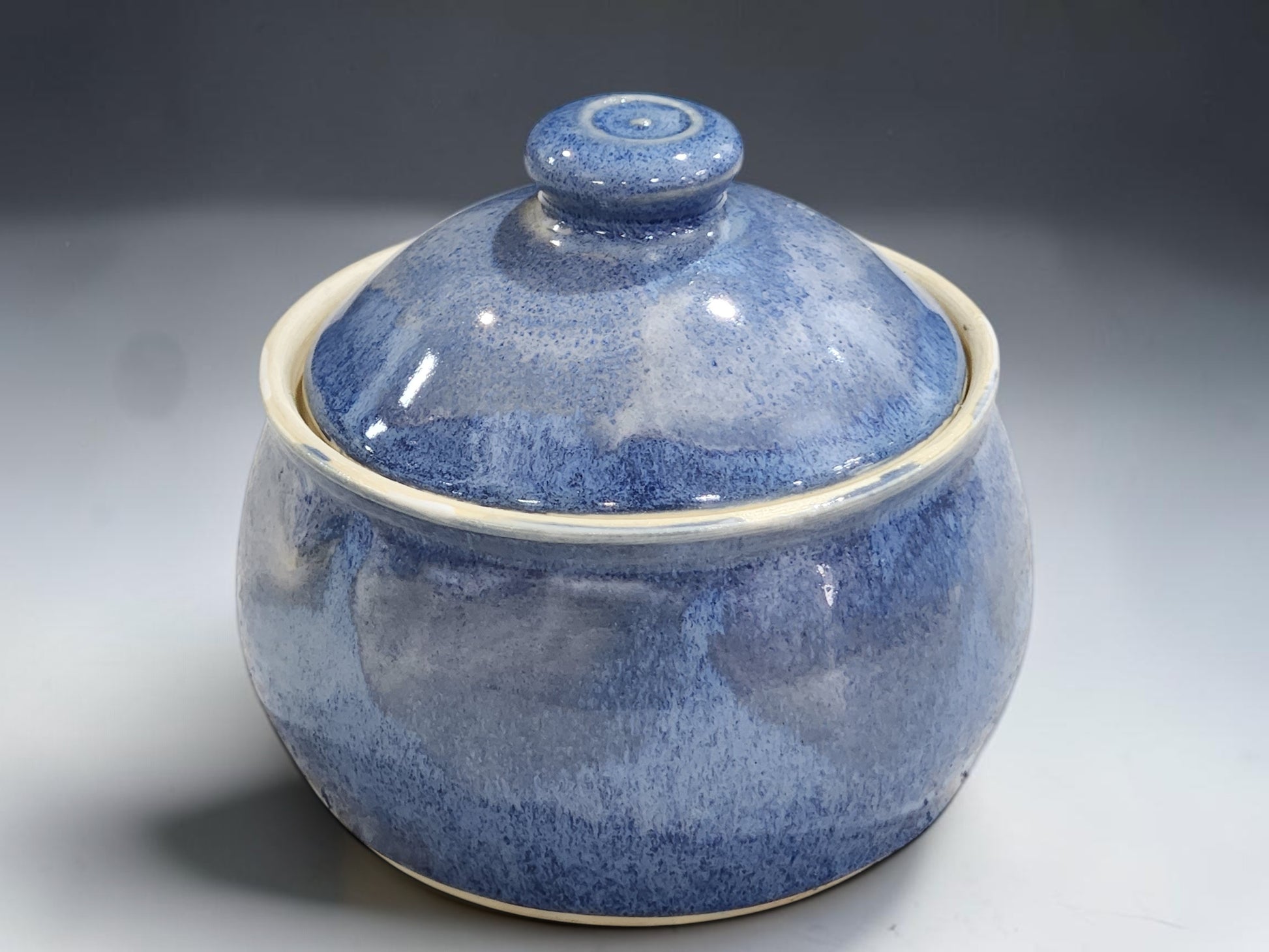 Australian handmade ceramic sugar bowl with lid, food-safe pottery kitchenware in blue glaze