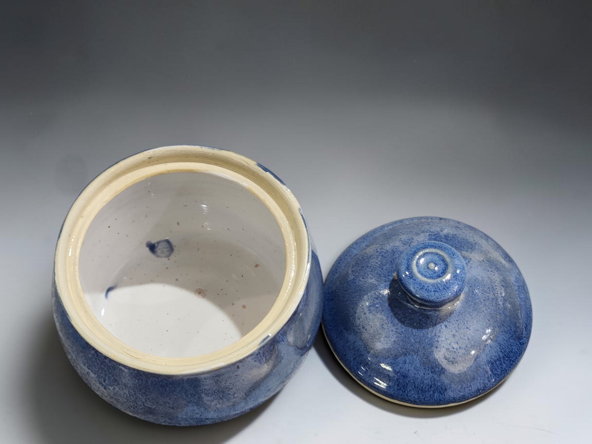 Handmade ceramic lidded jar in blue glaze, ideal for sugar, tea table styling or kitchen storage