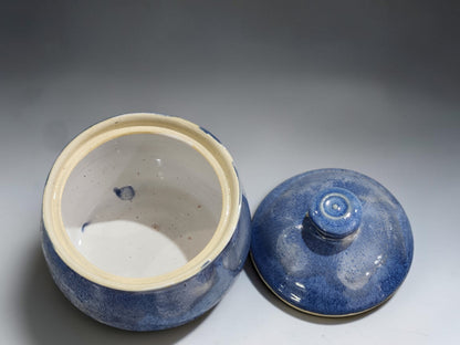 Handmade ceramic lidded jar in blue glaze, ideal for sugar, tea table styling or kitchen storage