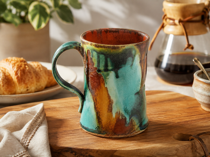 Handmade pottery mug in earthy terracotta, turquoise and green glazes styled in a warm lifestyle setting, Buxton Pottery Melbourne Australia.