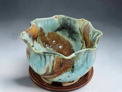 Bush Creek handmade pottery berry bowl with scalloped rim, drainage holes and earthy turquoise glaze