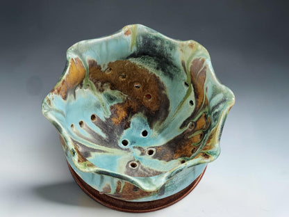 Handmade stoneware berry bowl and saucer for washing and serving strawberries, blueberries and small fruit