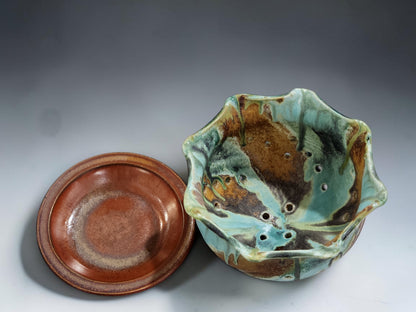 Handmade ceramic fruit bowl with saucer, scalloped rim and one-of-a-kind Australian pottery glaze