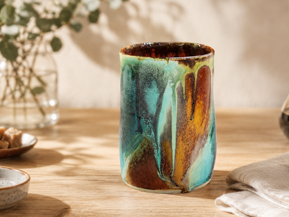 Handmade ceramic tumbler in Bush Creek glaze styled with coffee in a warm kitchen setting