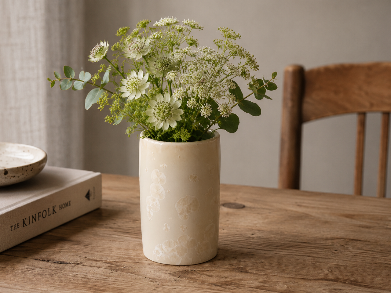 Handmade Crystalline Bud Vase – White Cream Ceramic Tumbler, Toothbrush Holder, 200ml