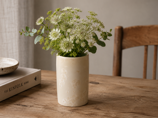 Handmade Crystalline Bud Vase – White Cream Ceramic Tumbler, Toothbrush Holder, 200ml
