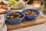 Handmade blue ceramic double snack bowl with two connected sections