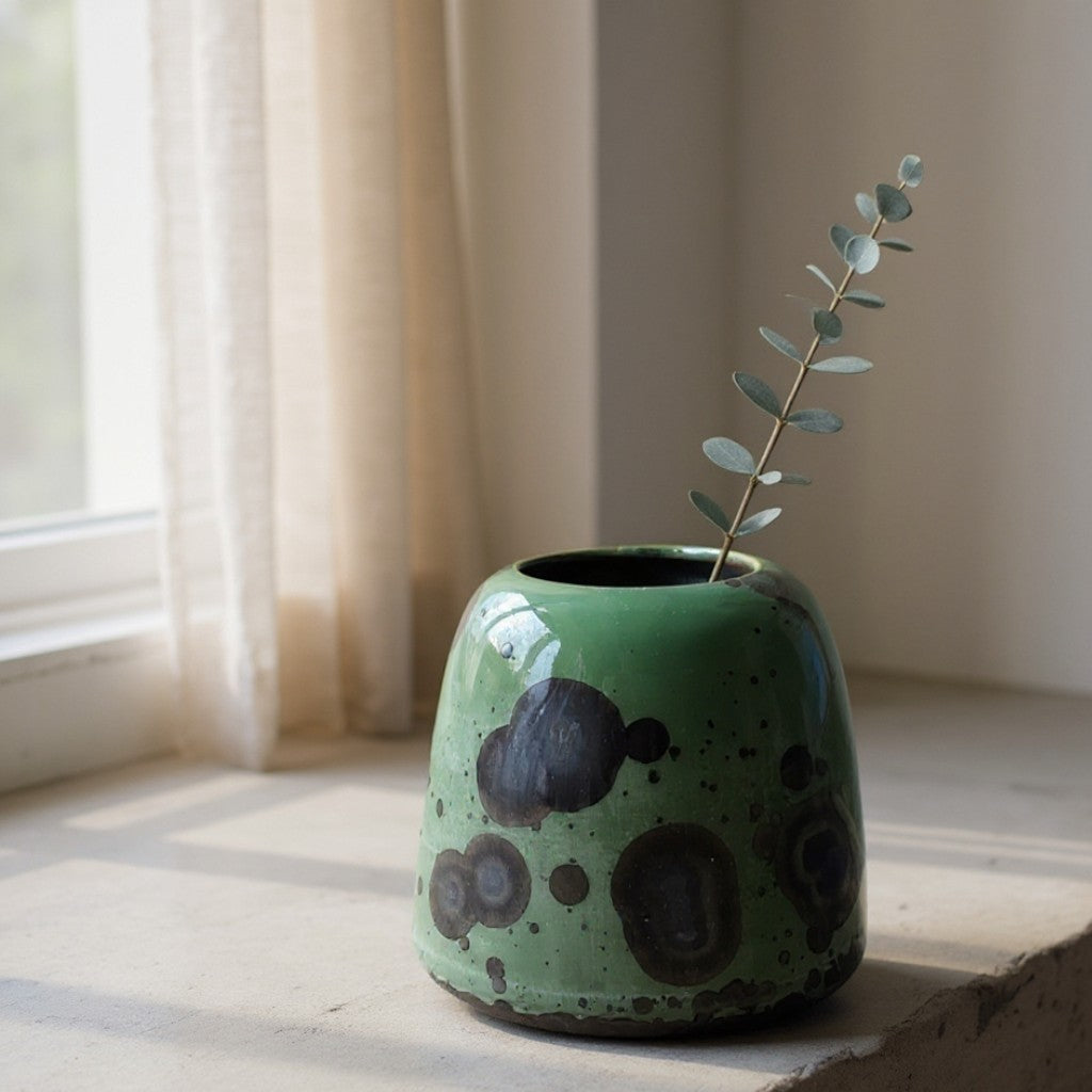 Handmade green crystalline pottery vase with metallic crystals