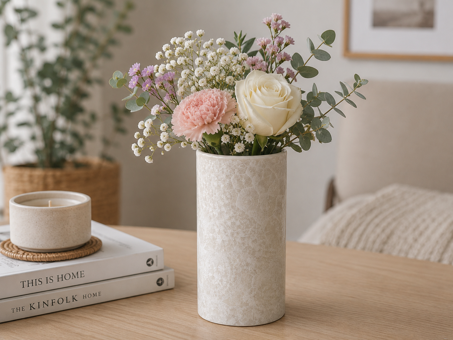 White crystalline small vase with a small posey of flowers made in Our Melbourne studio, by Buxton Pottery