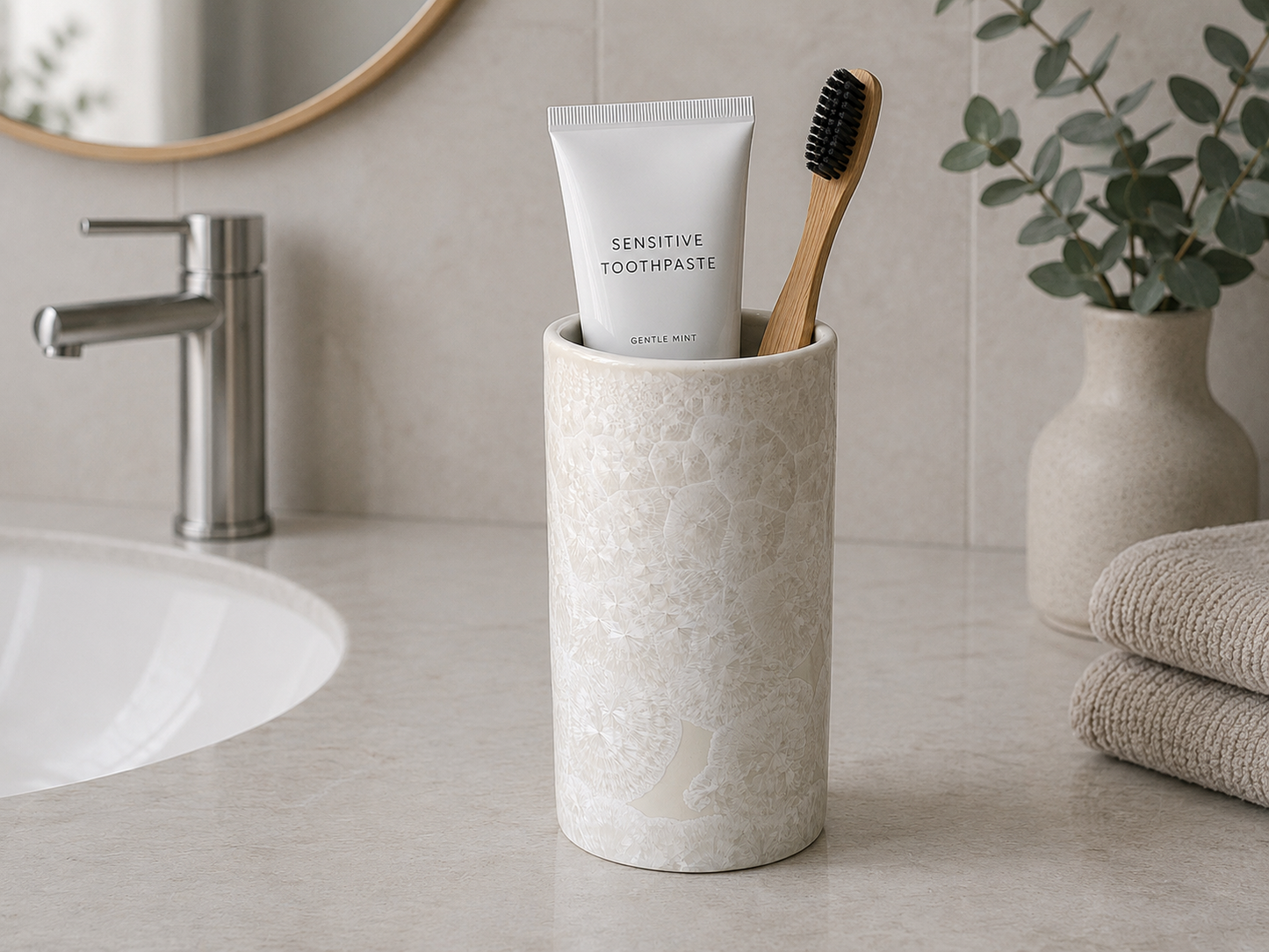White handmade pottery toothbrush holder in a crystalline glaze.