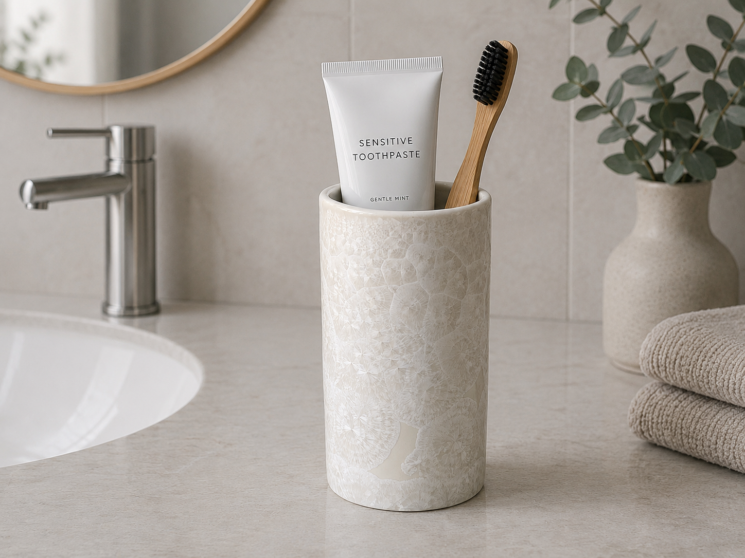 White handmade pottery toothbrush holder in a crystalline glaze.