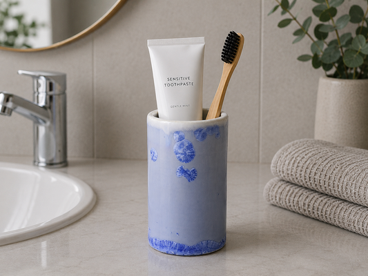 Blue crystalline toothbrush holder handmade in Melbourne by Buxton Pottery