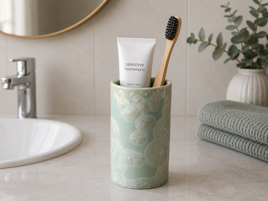 soft turquoise toothbrush holder with a crystalline glaze made in Melbourne
