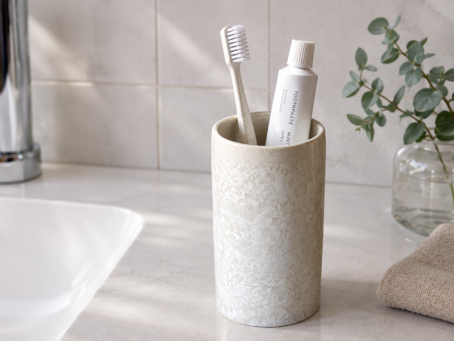 a small white crystalline toothbrush holder made in Melbourne