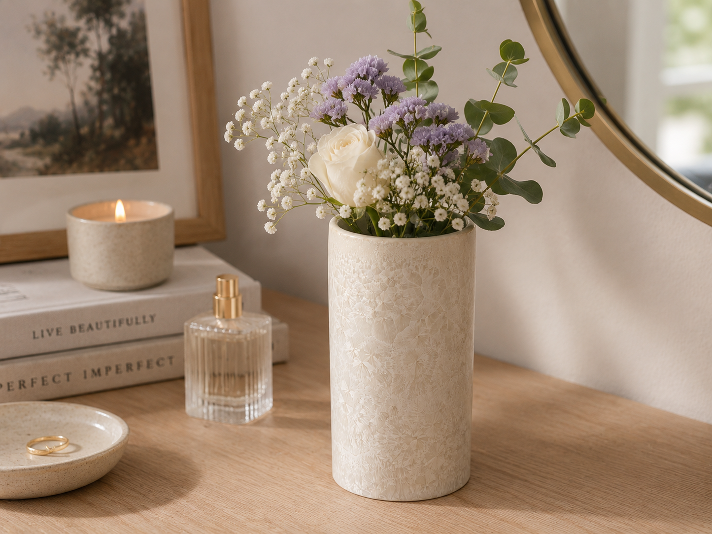 a white crystalline  small upright vase with flowers
