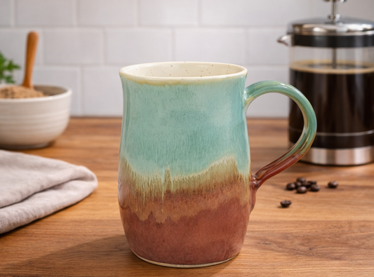 Handmade pottery mug 500ml in green and earthy brown glaze