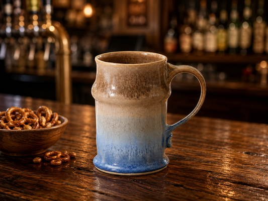 Wheel-thrown pottery stein displayed on a wooden bar with pretzels