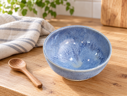 Small pottery bowl on a timber benchtop beside a wooden spoon and striped linen.