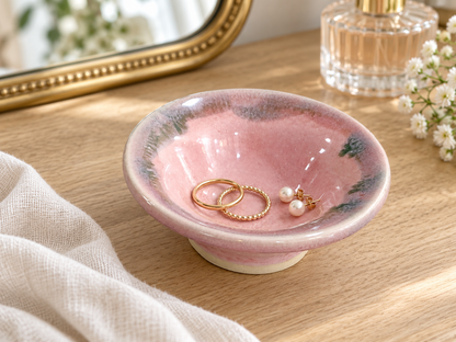 Pink pottery jewellery bowl holding gold rings and pearl earrings on a timber dressing table.