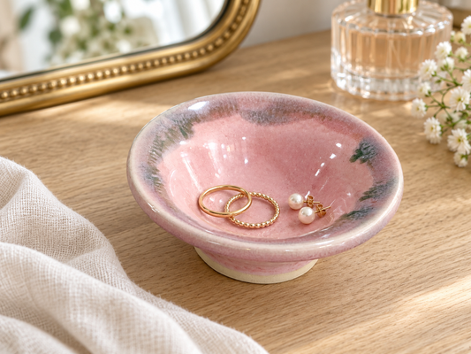 Pink pottery jewellery bowl holding gold rings and pearl earrings on a timber dressing table.