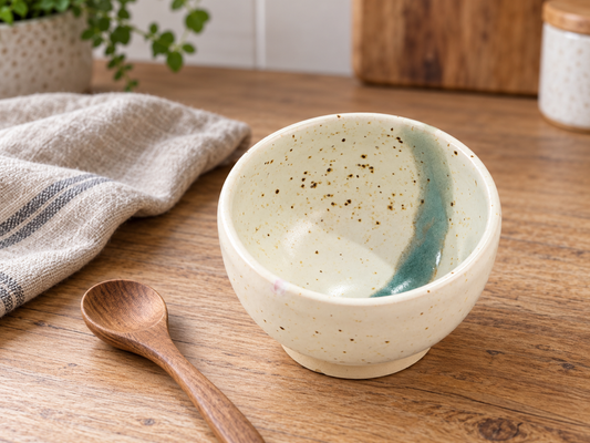 Small pottery bowl on a timber benchtop beside a wooden spoon and folded linen.