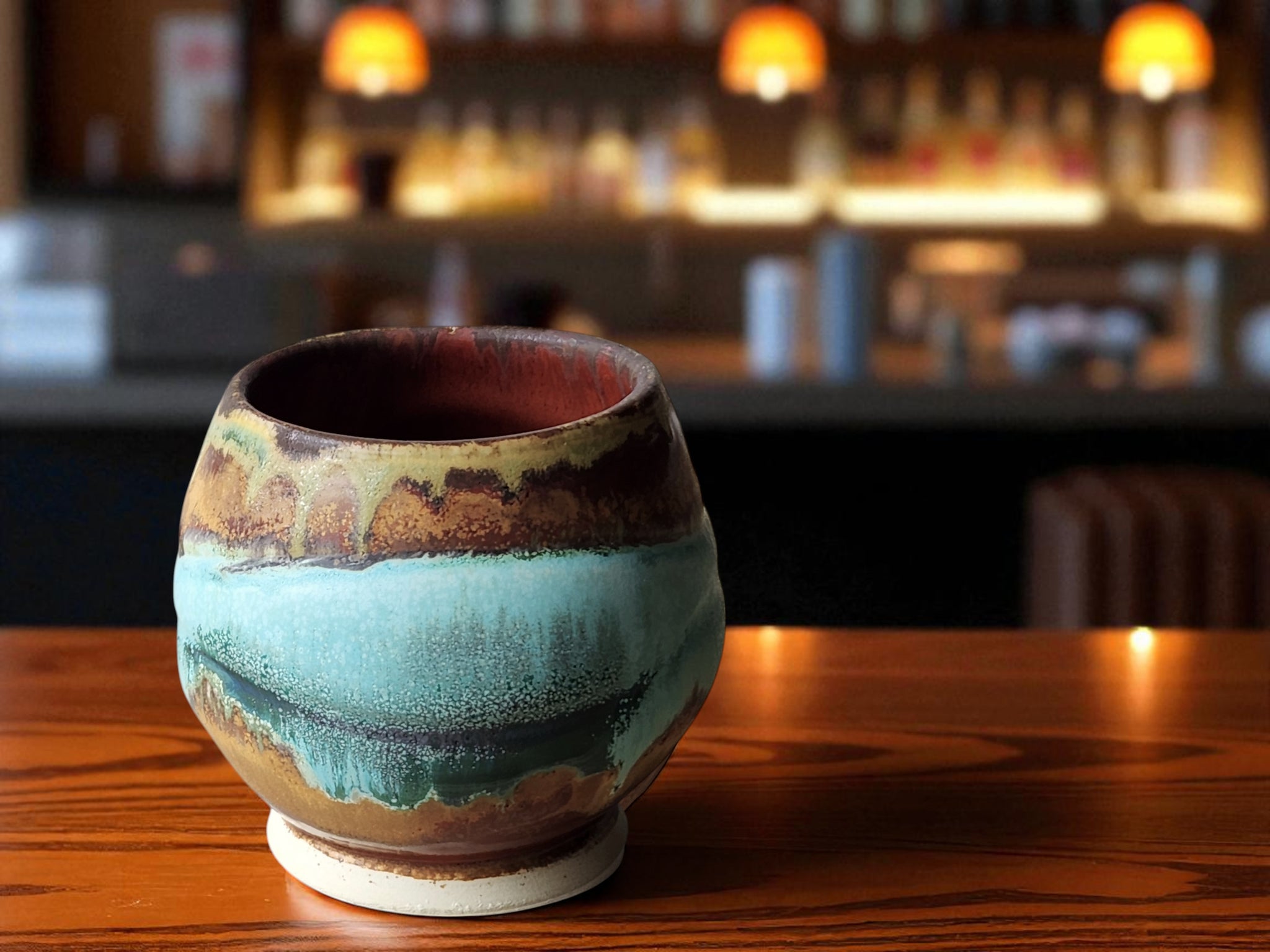 Handmade yunomi teacup with horizon glaze design