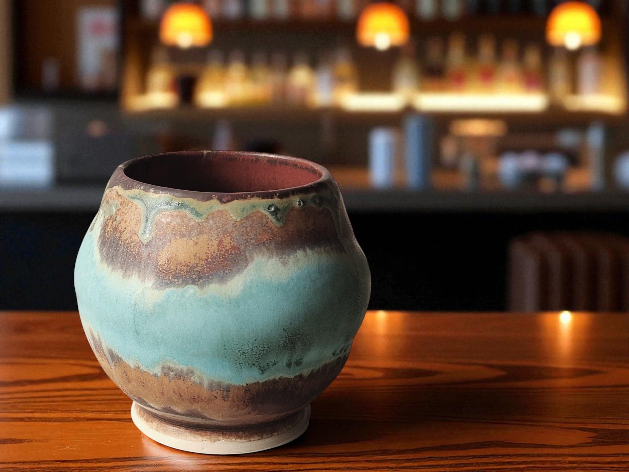 Handmade yunomi teacup with dripping glaze design